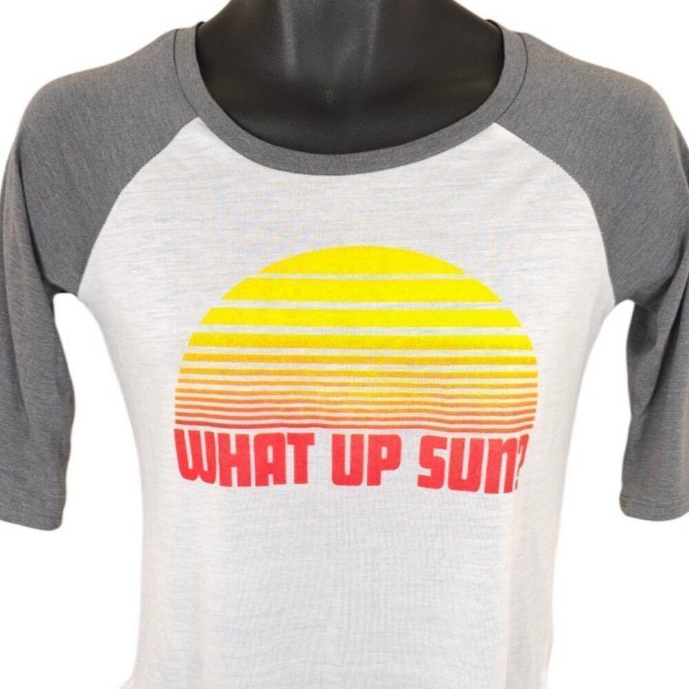 What Up Sun T Shirt Womens Size Small White Gray Baseball Raglan Tee